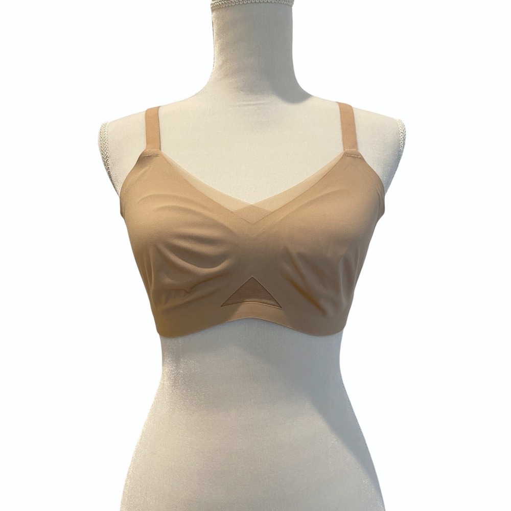 NWOT Honeylove Womens Beige Criss-Cross Mesh V-Neck Wireless T-Shirt Bra M 36B/C